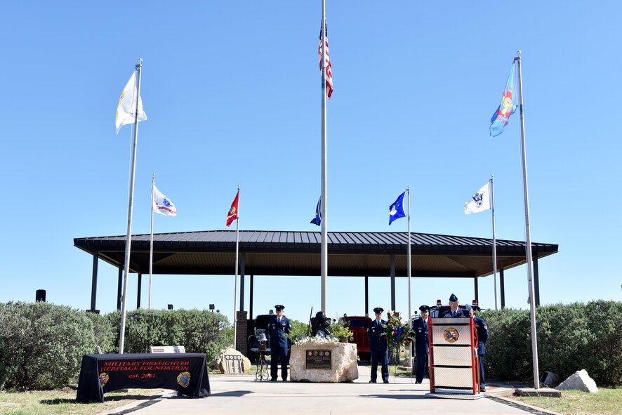 U.S. Air Force Col. Michael Downs, 17th Training Wing commander, speaks at the Department of Defense Fallen Firefighter Memorial on Goodfellow Air Force Base, Texas, May 12, 2017. During his speech, he talked about the professionalism exhibited in all firefighters. (U.S. Air Force photo by Staff Sgt. Joshua Edwards/Released)