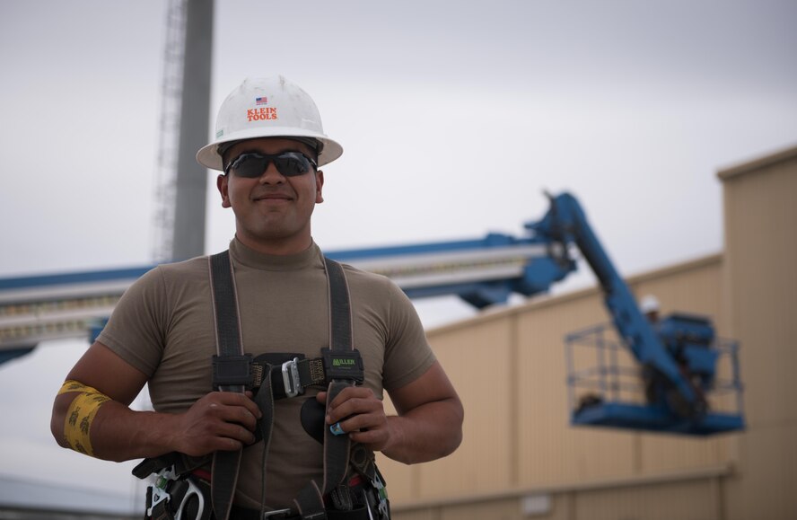 Airman 1st Class Brandon Ramirez is a 455th Expeditionary Civil Engineer Squadron power production apprentice, deployed out of Aviano Air Base, Italy. As a power production Airman, Ramirez works on systems that may require him to go up great heights, necessitating multiple safety measures to minimize the risk of injury.  While falls are the leading cause of injuries in the U.S. Air Force, proper education, risk management and proactive supervision have been major in lowering these types of injuries. (U.S. Air Force photo by Staff Sgt. Benjamin Gonsier)