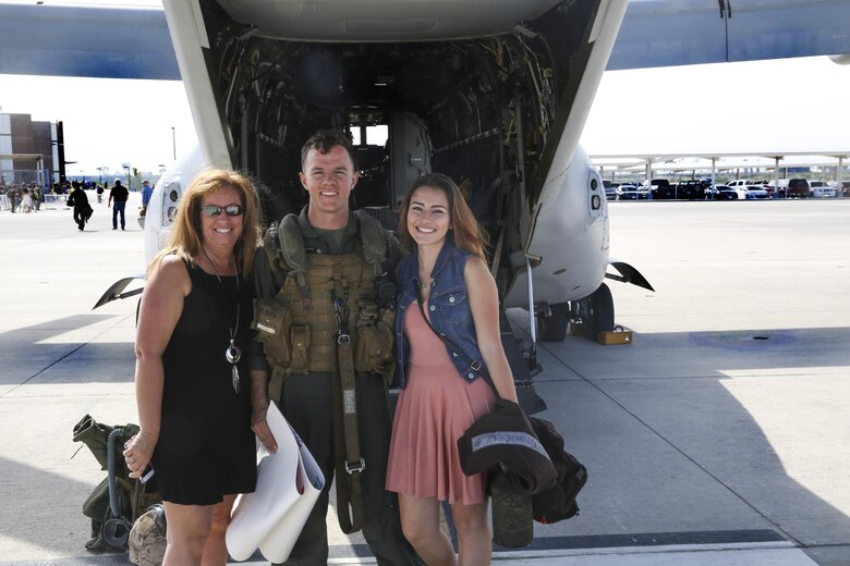 U.S. Marines assigned to Marine Medium Tiltrotor Squadron (VMM) 163 return to Marine Corps Air Station Miramar, Calif., after their deployment with the 11th Marine Expeditionary Unit Thursday, May 12, 2017. The 11th MEU embarked mid-October 2016 aboard the Makin Island Amphibious Ready Group, trained alongside armed forces from foreign nations, and supported operations throughout the Western Pacific, Middle East and Horn of Africa.