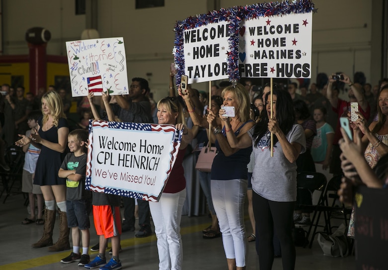 U.S. Marines assigned to Marine Attack Squadron (VMA) 311 return to Marine Corps Air Station Yuma, Ariz., after their deployment with the 11th Marine Expeditionary Unit Thursday, May 11, 2017. The 11th MEU embarked mid-October 2016 aboard the Makin Island Amphibious Ready Group, trained alongside armed forces from foreign nations, and supported operations throughout the Western Pacific, Middle East and Horn of Africa.