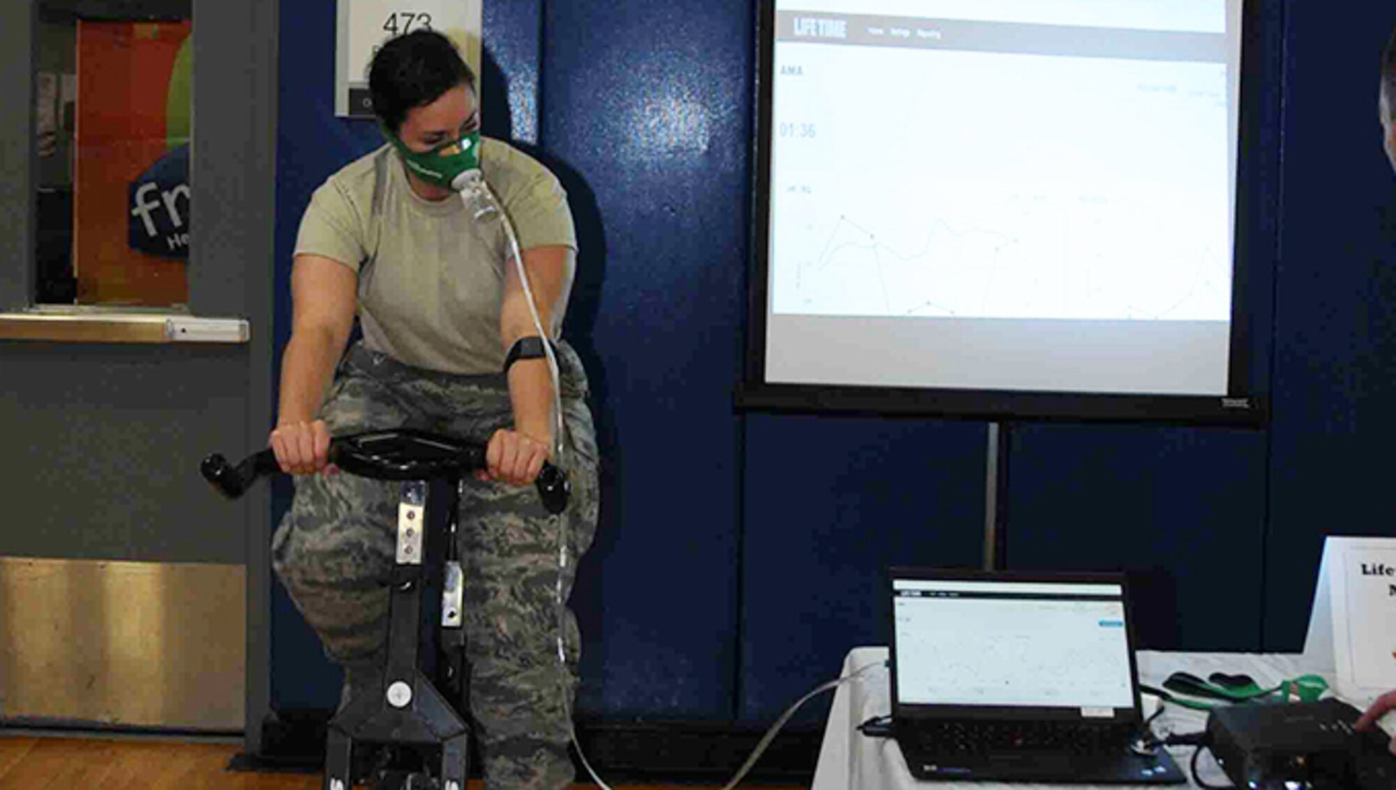 Staff Sgt. Jaimi Upthegrove, 94th Airlift Wing public affairs specialist, takes part in metabolic testing at the May Health Fair May 6, at Dobbins Air Reserve Base, Georgia.The health fair served more than 200 Reserve Citizen Airmen providing them with information that could enhance their physical, mental and spiritual well-being. (U.S. Air Force photo by Airman First Class Justin Clayvon)