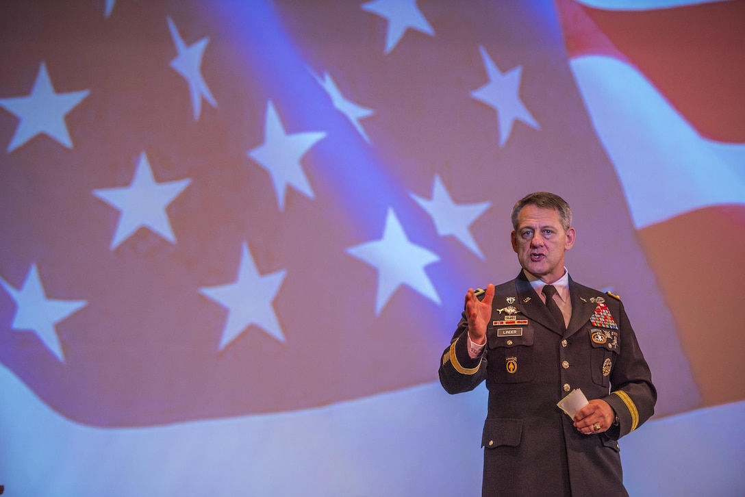 U.S. Army Maj. Gen. James B. Linder, commander of the U.S. Army John F. Kennedy Special Warfare Center, speaks at the Clemson University Reserve Officers’ Training Corps commissioning ceremony, May 10, 2017. Linder is a 1983 graduate of Clemson. (U.S. Army Reserve photo by Staff Sgt. Ken Scar)