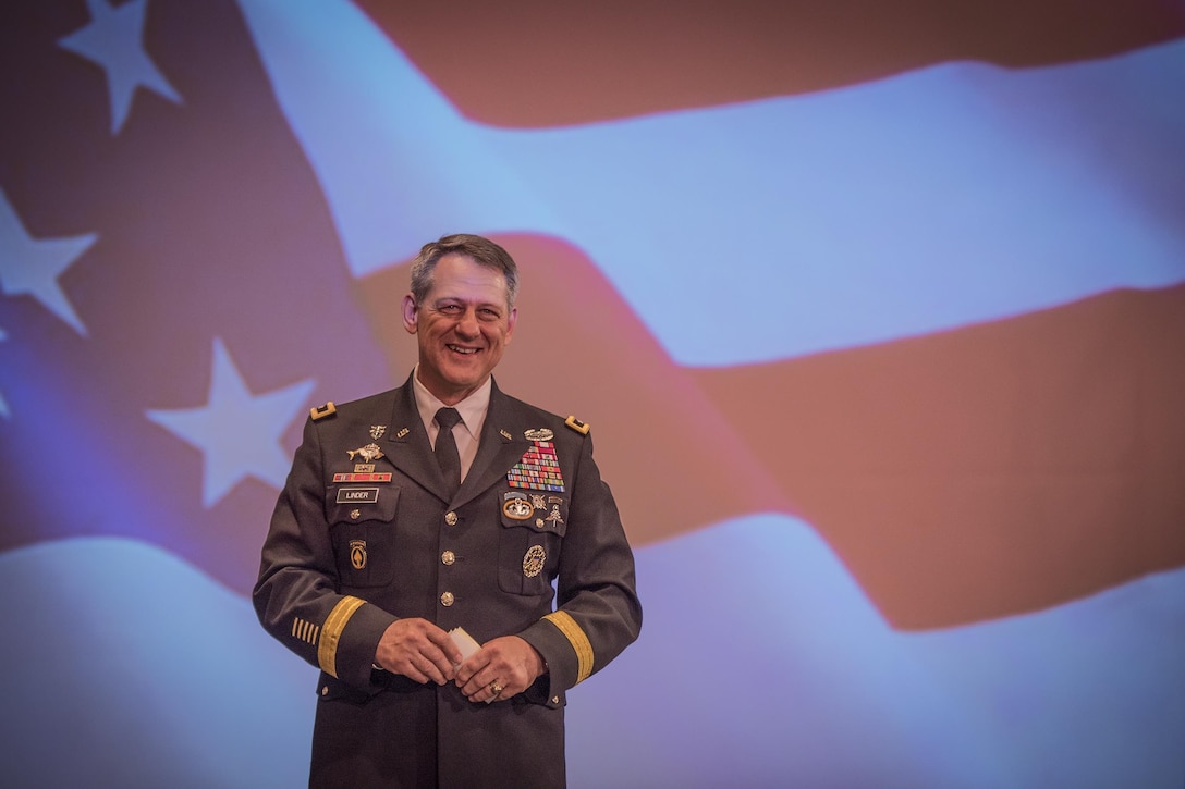 U.S. Army Maj. Gen. James B. Linder, commander of the U.S. Army John F. Kennedy Special Warfare Center, speaks at the Clemson University Reserve Officers’ Training Corps commissioning ceremony, May 10, 2017. Linder is a 1983 graduate of Clemson. (U.S. Army Reserve photo by Staff Sgt. Ken Scar)