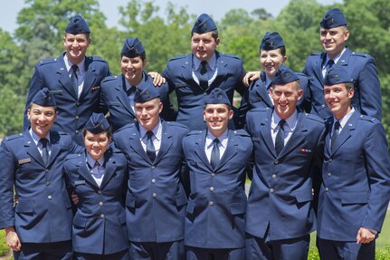 Eleven brand new U.S. Air Force second lieutenants pose for pictures after their commissioning ceremony at Clemson University, May 10, 2017. (U.S. Army Reserve photo by Staff Sgt. Ken Scar)