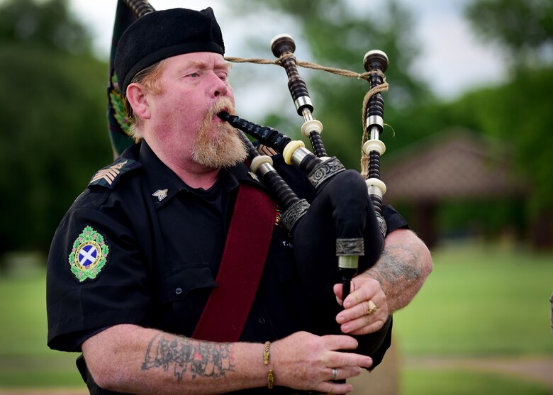 Tim Macleod, a ceremonial bagpipes player, performs during the National Police Week opening ceremony at Joint Base Langley-Eustis, Va., May 15, 2017. National Police week honors military and civilian law enforcement officers who paid the ultimate sacrifice in the line of duty. (U.S. Air Force photo/Staff Sgt. Areca T. Bell)