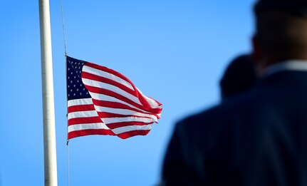 U.S. Air Force Airmen assigned to the 633rd Security Forces Squadron participate during the National Police Week opening ceremony at Joint Base Langley-Eustis, Va., May 15, 2017. In 1994, President Bill Clinton signed Public Law 103-322 directing that the flag of the United States be displayed at half-staff on all government buildings on May 15 each year. (U.S. Air Force photo/Staff Sgt. Areca T. Bell)