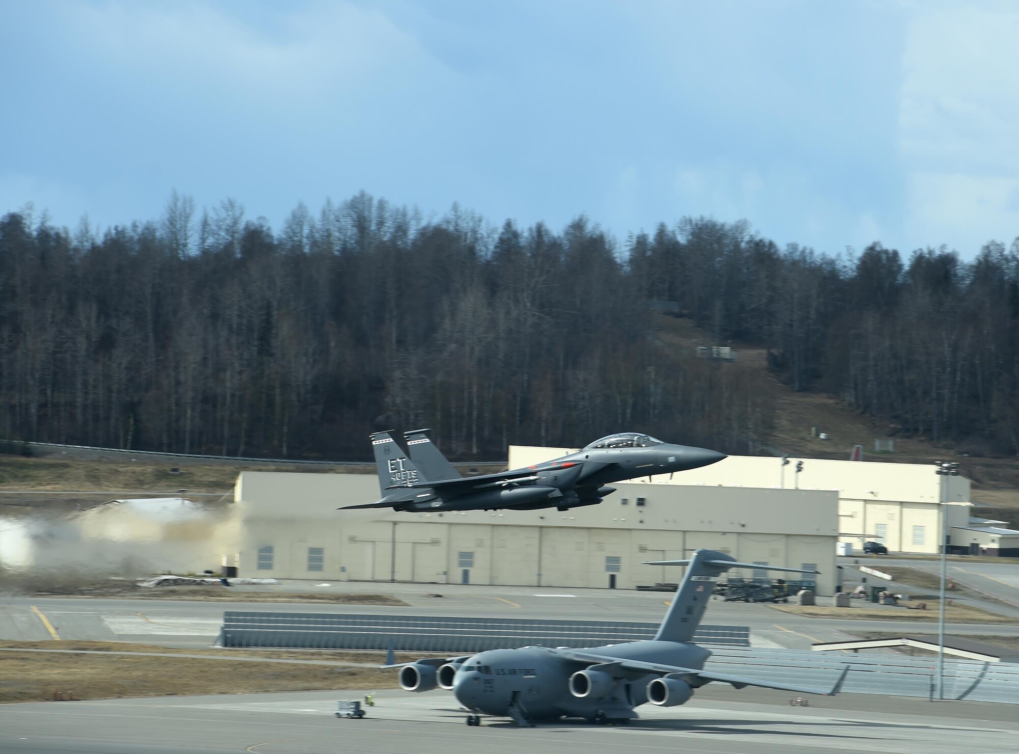 An F-15 Eagle from Eglin Air Force Base, Fla. takes off at Joint Base Elmendorf-Richardson, Alaska, during exercise Northern Edge 17, May 3, 2017. Northern Edge is Alaska’s premier joint training exercise designed to practice operations, techniques and procedures as well as enhance interoperability among the services. Thousands of participants from all the services – Airmen, Soldiers, Sailors, Marines and Coast Guardsmen from active duty, Reserve and National Guard units – are involved. (U.S. Air Force photo by Airman 1st Class Javier Alvarez)