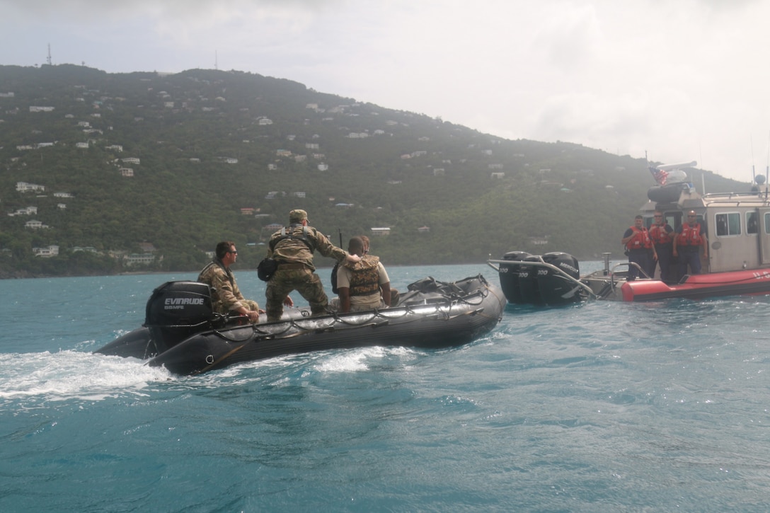 Special Forces soldiers transport a simulated casualty via boat during Vigilant Guard 17-03, a natural disaster response exercise, at Magens Bay in St. Thomas, the Virgin Islands, May 15, 2017. Army photo by Sgt. Priscilla Desormeaux