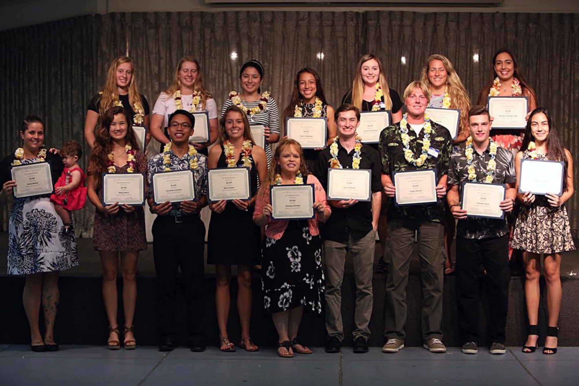 Scholarship recipients pose at the Hickam Officers’ Spouses’ Club Scholarship Awards Dinner on Hickam Field, Hawaii, May 9, 2017. Each year, the HOSC awards multiple grants and scholarships to military family members to help further their education. This year $59,500 was awarded to 17 individuals, and will be used at accredited trade schools, two-to-four year colleges, and universities, to include masters and doctorate-level programs. (Courtesy Photo) 