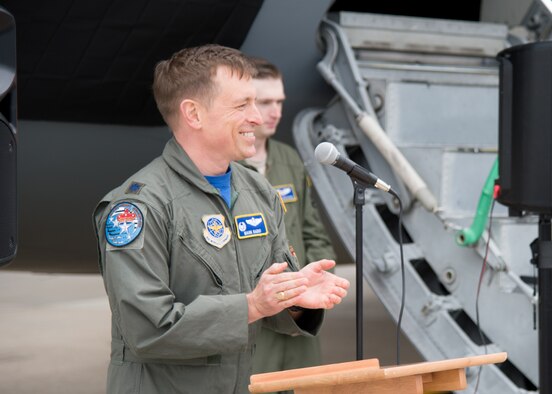 Lt.Col. Mark Radio, 3d Airlift Squadron Commander, speaks during the 3d Airlift Squadron 75TH Anniversary Nose Art Unveiling Ceremony May 12, 2017, at Dover Air Force Base, Del. The ceremony unveiled a commemorative logo on the nose of a C-17 Globemaster III celebrating the unit’s 75 year heritage. (U.S. Air Force photo by Mauricio Campino)
