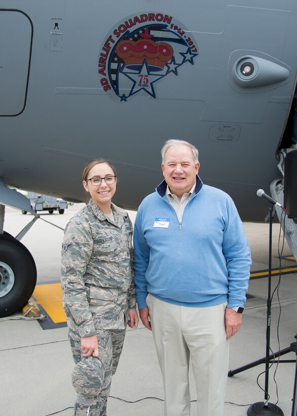 Airman Rebeckah  Eggleston, 3d Airlift Squadron assigned to the squadron aviation resource manager section and General William Begert (Ret) pose next to the nose art on a C-17 Globemaster III at the 3d Airlift Squadron 75TH Anniversary Nose Art Unveiling Ceremony May 12, 2017, at Dover Air Force Base, Del. Eggleston is the newest member of the 3d AS. Begert is a former commander of the 3d AS and the Pacific Air Forces. (U.S. Air Force photo by Mauricio Campino)