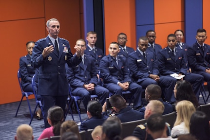 U.S. Air Force Lt. Gen. Anthony Rock, Secretary of the Air Force Inspector General, speaks during a commissioning ceremony May 12, 2017 at the University of Texas San Antonio. Rock is a San Antonio native who graduated from UTSA 35 years ago. (U.S. Air Force photo by Senior Airman Stormy Archer)