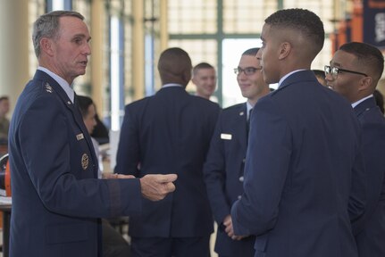 U.S. Air Force Lt. Gen. Anthony Rock, Secretary of the Air Force Inspector General, speaks to commissioning second lieutenants May 12, 2017 at the University of Texas San Antonio. Rock reports both to the secretary and chief of staff of the Air Force on matters concerning effectiveness, efficiency, and the military discipline of active-duty, Air Force Reserve, and Air National Guard forces.  (U.S. Air Force photo by Senior Airman Stormy Archer)