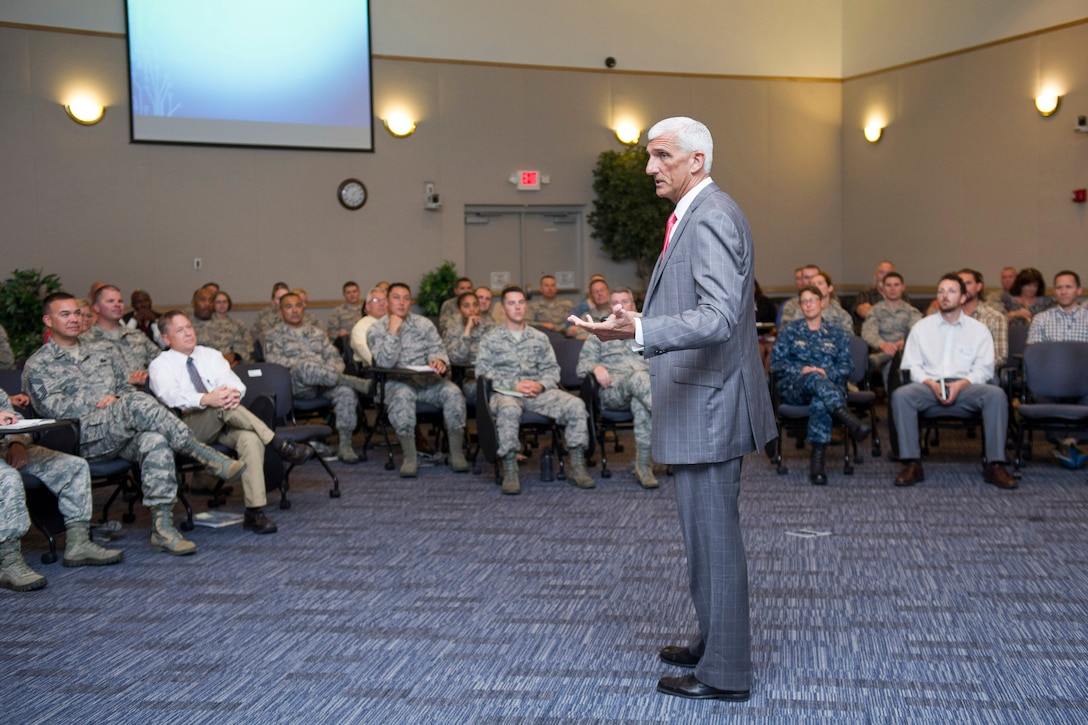 Retired Lt. Gen. Mark Hertling, U.S. Army, shares his passion about discovering the key elements of effective leadership May 11, 2017, at Patrick Air Force Base, Fla. Hertling’s presentation was part of the 45th Force Support Squadron’s Leadership Speaker Series and provided resources to help individuals become successful leaders. (U.S. Air Force photo by Phil Sunkel) 
