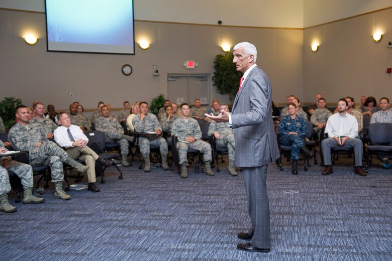Retired Lt. Gen. Mark Hertling, U.S. Army, shares his passion about discovering the key elements of effective leadership May 11, 2017, at Patrick Air Force Base, Fla. Hertling’s presentation was part of the 45th Force Support Squadron’s Leadership Speaker Series and provided resources to help individuals become successful leaders. (U.S. Air Force photo by Phil Sunkel) 
