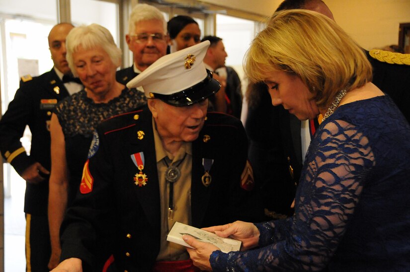 New Jersey Lt. Gov. Kim Guadagno greets Frank Gross, a Korean War veteran, May 12 during the U.S. Army Reserve’s 99th Regional Support Command dining out on Joint Base McGuire-Dix-Lakehurst, New Jersey.  The theme of the event was “Veterans: Then and Now.”  More than 100 veterans from area veteran homes were invited to attend.