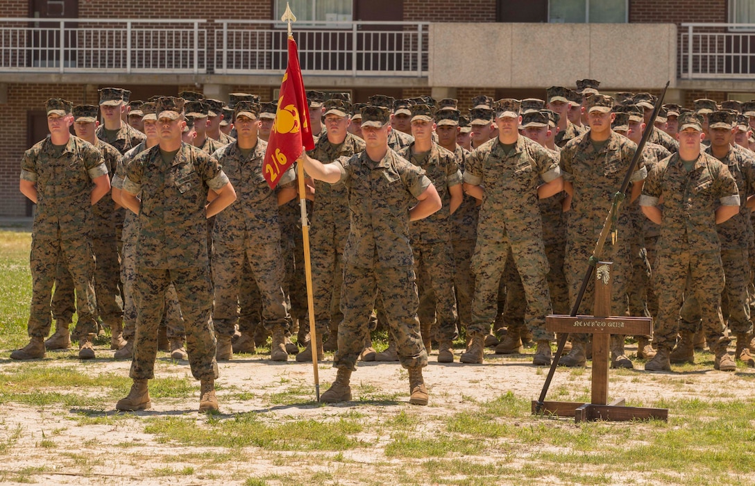 Marines stand in a formation during a Chesty Puller award ceremony at Camp Lejeune, N.C., May 15, 2017. The Marines earned the award due to their impressive conduct in combat, garrison and in the field of innovation throughout the calendar year of 2016. The Marines are with 2nd Battalion, 6th Marine Regiment, 2nd Marine Division. (U.S. Marine Corps photo by Pfc. Abrey D. Liggins)
