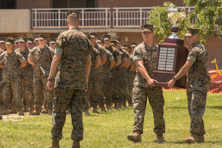 Marines carry an award to the front of a formation during a Chesty Puller award ceremony at Camp Lejeune, N.C., May 15, 2017. The Marines earned the award due to their impressive conduct in combat, garrison and in the field of innovation throughout the calendar year of 2016. The Marines are with 2nd Battalion, 6th Marine Regiment, 2nd Marine Division. (U.S. Marine Corps photo by Pfc. Abrey D. Liggins)