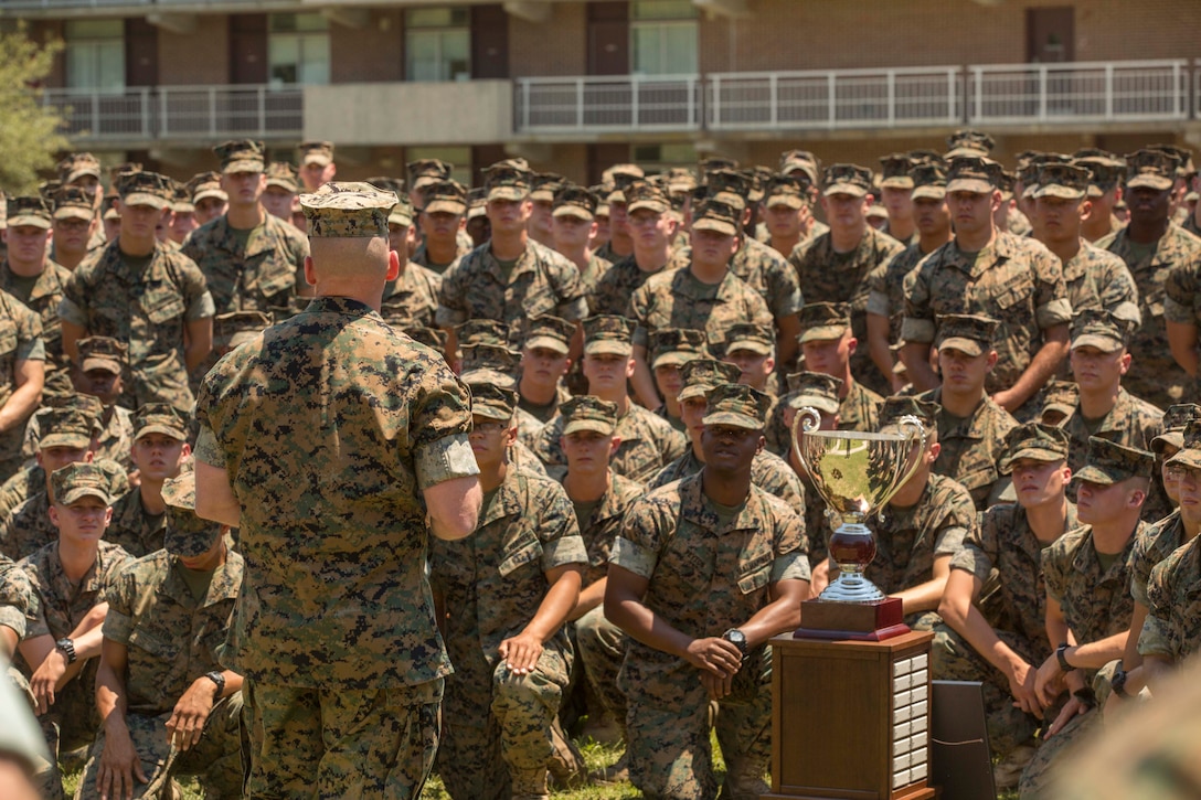 Major Gen. John K. Love, the commanding general of 2nd Marine Division, speaks to Marines during a Chesty Puller award ceremony at Camp Lejeune, N.C., May 15, 2017. The Marines earned the award due to their impressive conduct in combat, garrison and in the field of innovation throughout the calendar year of 2016. The Marines are with 2nd Battalion, 6th Marine Regiment, 2nd Marine Division. (U.S. Marine Corps photo by Pfc. Abrey D. Liggins)