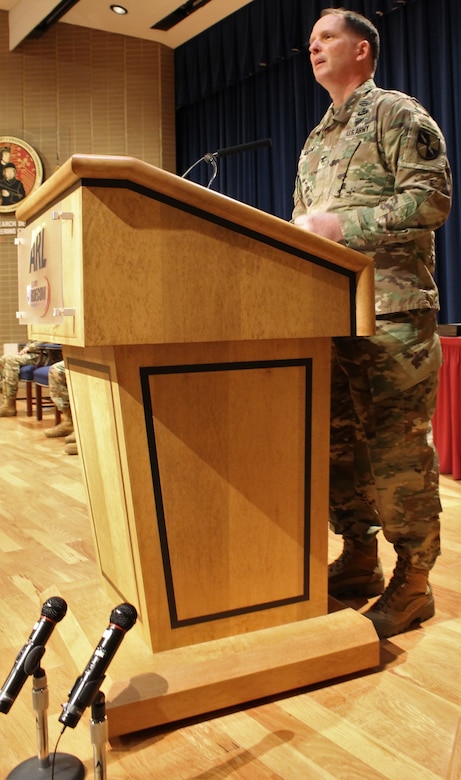 U.S. Army Col. Kenneth Rector, commandant of the Army Cyber School, speaks during a graduation ceremony, for the first Cyber Center of Excellence, Mobile Training Team (MTT), Cyber Common Technical Core (CCTC) course for the Army Reserve, March 10 at the Army Research Laboratory in Adelphi, Maryland. The National Capital Region Cyber Protection Center, a unit under the 335th Signal Command (Theater) Army Reserve Cyber Operations Group, lead the way with the successful organization of the MTT CCTC – an intermediate course designed to train Soldiers in military cyber network defense. (U.S. Army Reserve photo by Sgt. Erick Yates)