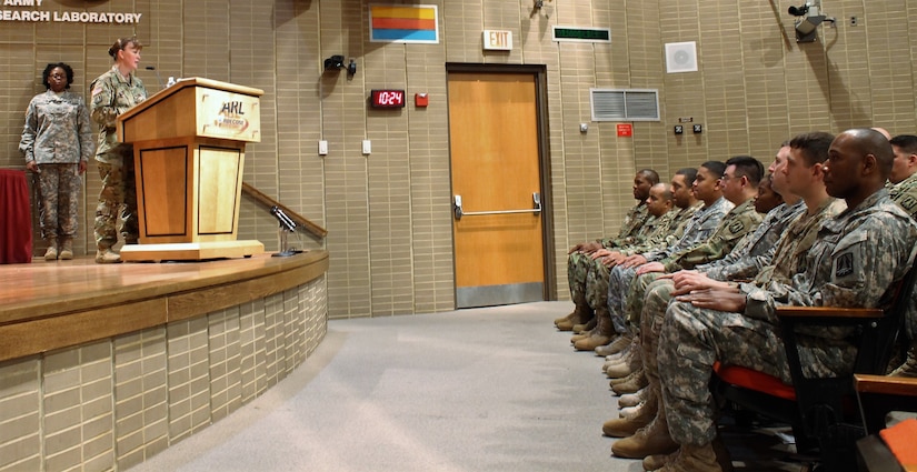 U.S. Army Brig. Gen. Nikki L. Griffin Olive, deputy commanding general, sustainment 335th Signal Command (Theater), speaks during a graduation ceremony, for the first Cyber Center of Excellence, Mobile Training Team (MTT), Cyber Common Technical Core (CCTC) course for the Army Reserve, March 10 at the Army Research Laboratory in Adelphi, Maryland. The National Capital Region Cyber Protection Center, a unit under the 335th Signal Command (Theater) Army Reserve Cyber Operations Group, lead the way with the successful organization of the MTT CCTC – an intermediate course designed to train Soldiers in military cyber network defense. (U.S. Army Reserve photo by Sgt. Erick Yates)