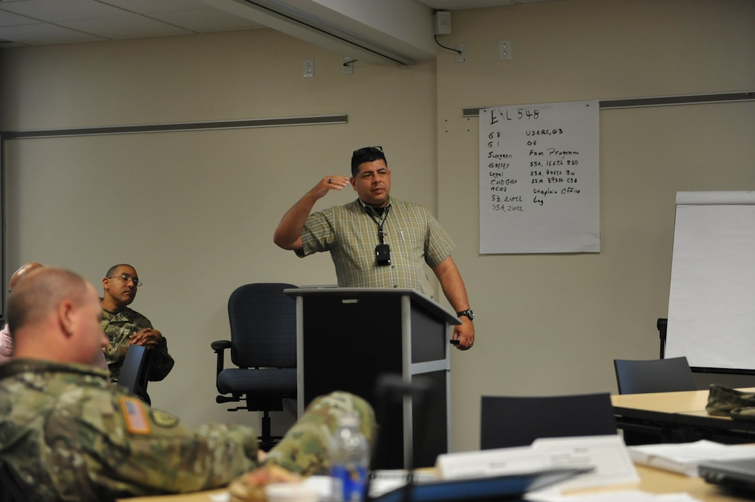 Mr. Carlos Alvarado, COOP Instructor , briefs on the importance of COOP planning during Continuity of Operations training held at the Major General Felix A. Santoni building on Fort Buchanan, May 10.