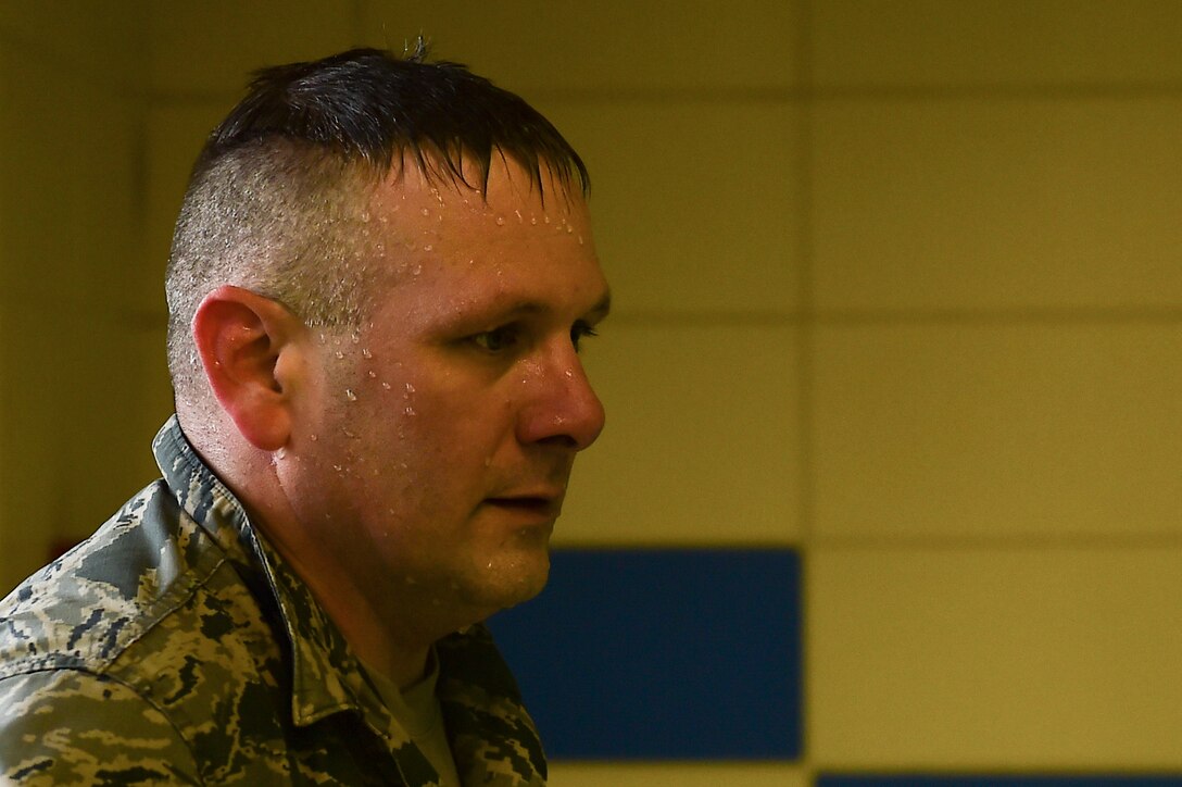 U.S. Air Force Tech. Sgt. Daniel Day, 633rd Security Forces Squadron flight chief, recovers after completing a water confidence training evolution at Joint Base Langley-Eustis, Va., April 28, 2017. Day and his fellow 633rd SFS Emergency Services Team tested a qualification course which will be used for future candidates who want to join the EST. (U.S. Air Force photo/Senior Airman Derek Seifert)
