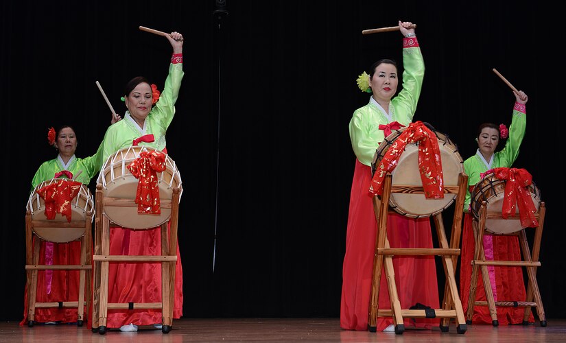 Performers present a traditional Korean drum sequence during the Asian American and Pacific Islander Heritage Month Ceremony at Joint Base Langley-Eustis, Va., May 16, 2017. To recognize the important contributions of Asian Americans and Pacific Islanders to the nation’s growth, in 1992, May was designated as Asian American and Pacific Islander Heritage Month. (U.S. Air Force photo/Staff Sgt. Teresa J. Cleveland)