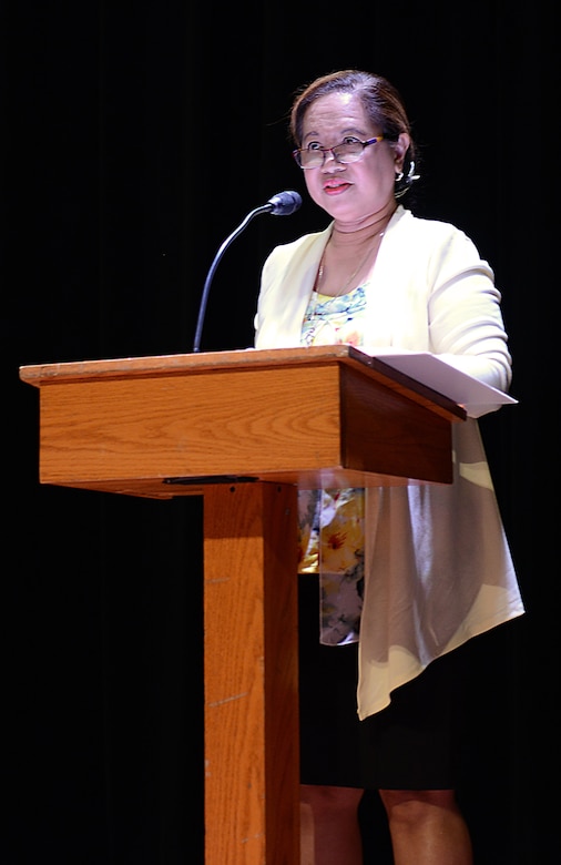 Manuelita Hall, Naval Weapons Station Yorktown-Cheatham Annex moral, warfare and recreation deputy director and Philippine-American Community of the Peninsula vice president, discusses stereotypes that Asian Americans and Pacific Islanders combat during the Asian American and Pacific Islander Heritage Month Ceremony at Joint Base Langley-Eustis, Va., May 16, 2017. The Asian American and Pacific Islander community encompasses 56 ethnic groups, speaking more than 100 different languages. (U.S. Air Force photo/Staff Sgt. Teresa J. Cleveland)