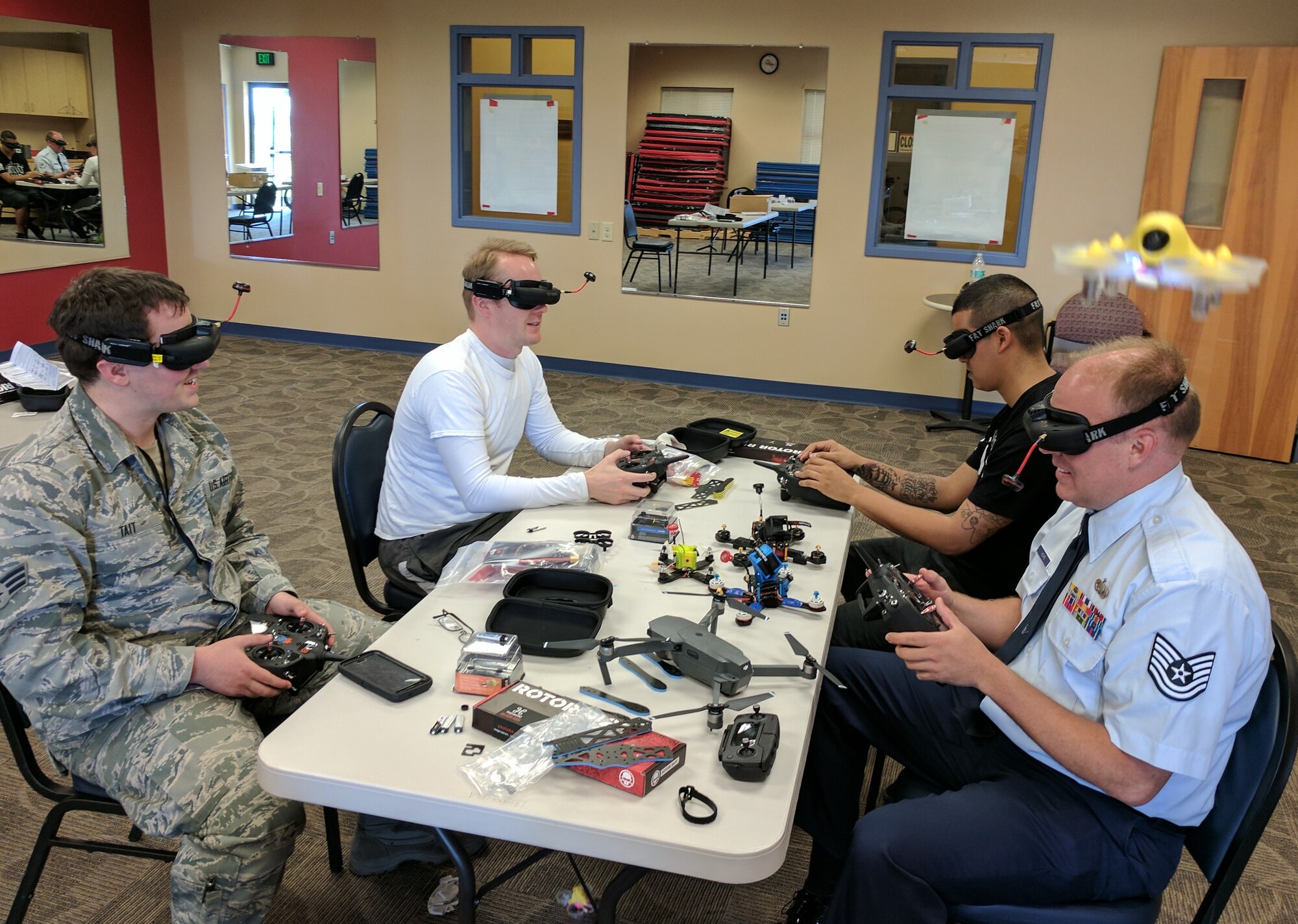 Members of the newly-formed Langley Air Force Base Drone club spend time building parts for recreational drone use.  The new club meets every Wednesday over lunch, at the Community Commons on Langley AFB.  Club members will receive an introduction to the hobby, and will learn essential skills for building and flying a drone, as well as advice on how to prepare for the Federal Aviation Administration’s (FAA) new knowledge test for operators of small unmanned aircraft.