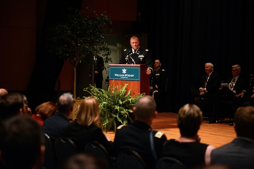 U.S. Army Lt. Col. James Kimbrough, College of William & Mary military science professor, thanks family members and friends for their support during a Commissioning Ceremony in Williamsburg, Va., May 12, 2017. During the ceremony, Kimbrough provided information on the history of graduates from the College of William & Mary who have served in the nation’s Armed Forces for more than 300 years. (U.S. Air Force photo/Staff Sgt. Teresa J. Cleveland)