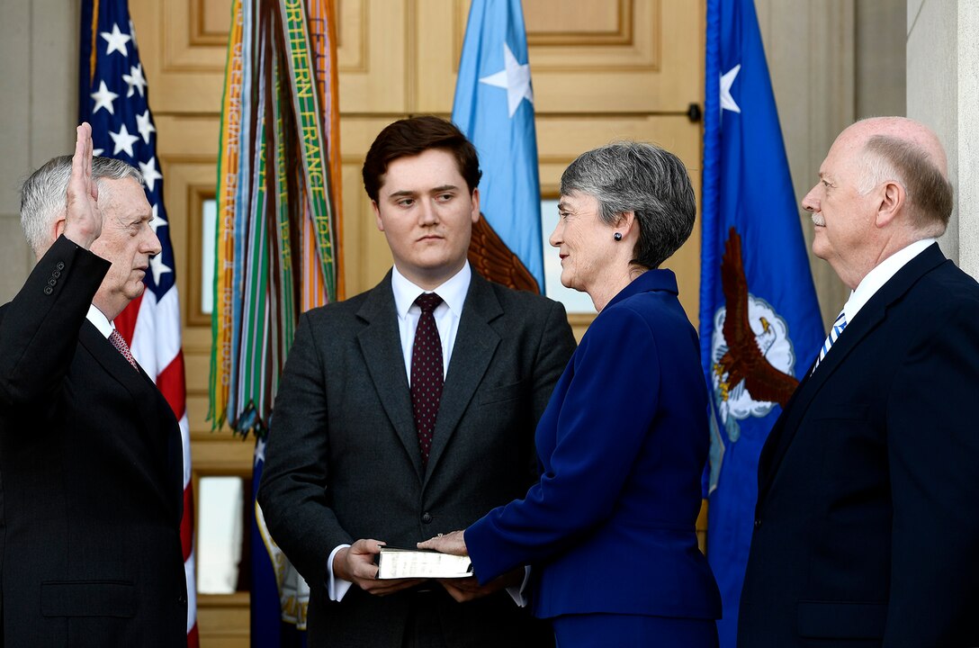 Secretary of Defense Jim Mattis delivers the ceremonial oath of office to Secretary of the Air Force Heather Wilson, making her 24th secretary, during a Pentagon event, May 16, 2017.  (U.S. Air Force photo/Scott M. Ash)