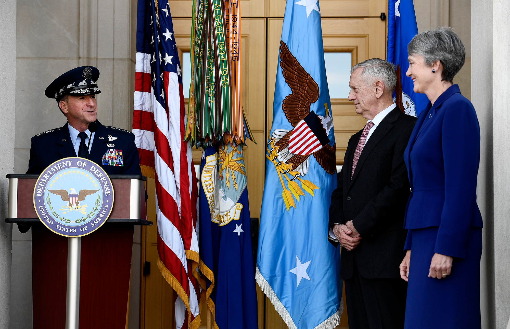 Air Force Chief of Staff Gen. David L. Goldfein congratulates Secretary of the Air Force Heather Wilson during her ceremonial oath, making her the 24th secretary during a Pentagon event, May 16, 2017.  Secretary of Defense Jim Mattis delivered the oath during the ceremony. (U.S. Air Force photo/Scott M. Ash)