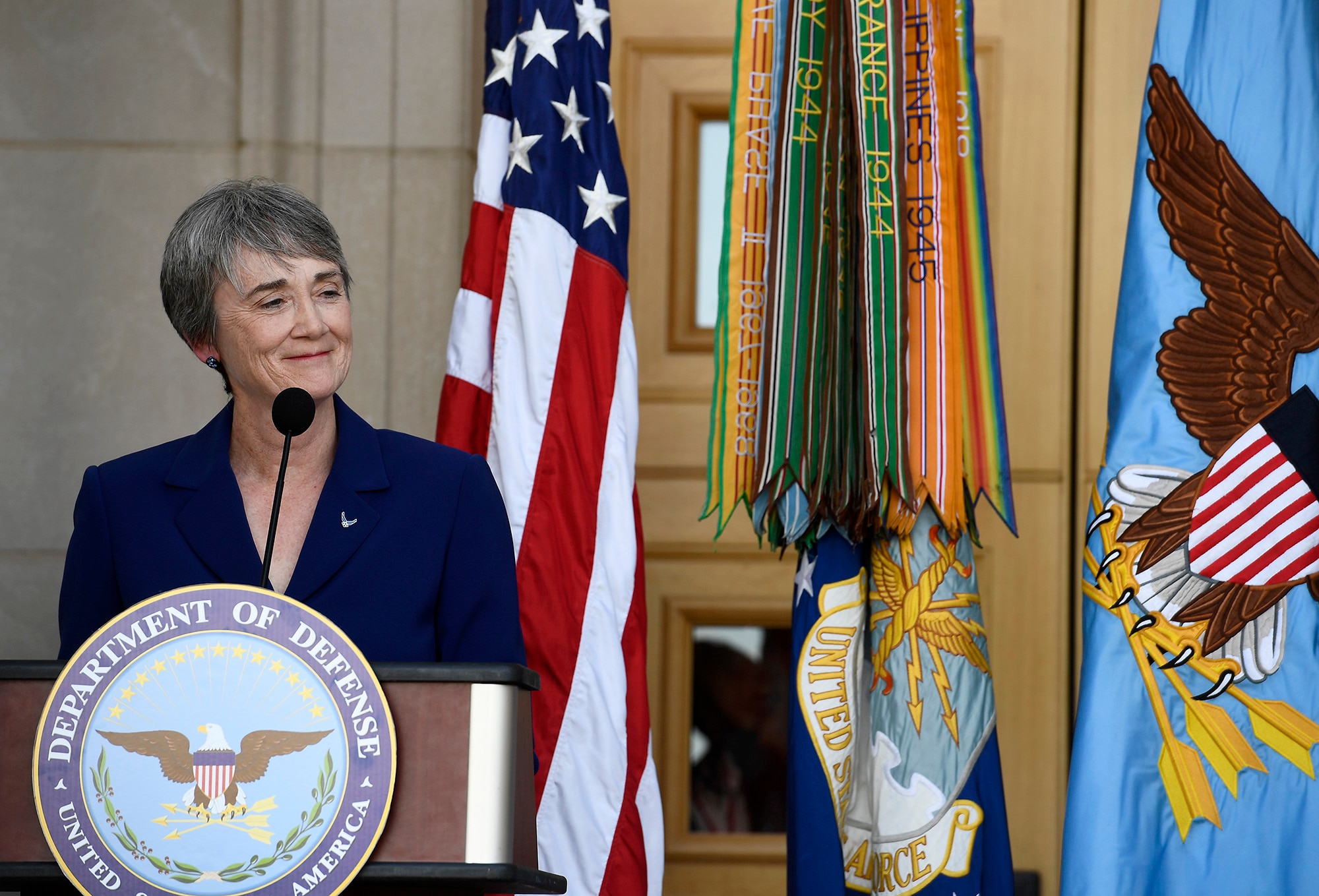 Newly sworn Secretary of the Air Force Heather Wilson thanks family, friends and colleagues during her ceremonial oath of office as the 24th Air Force secretary, at the Pentagon event, May 16, 2017.  (U.S. Air Force photo/Wayne A. Clark)