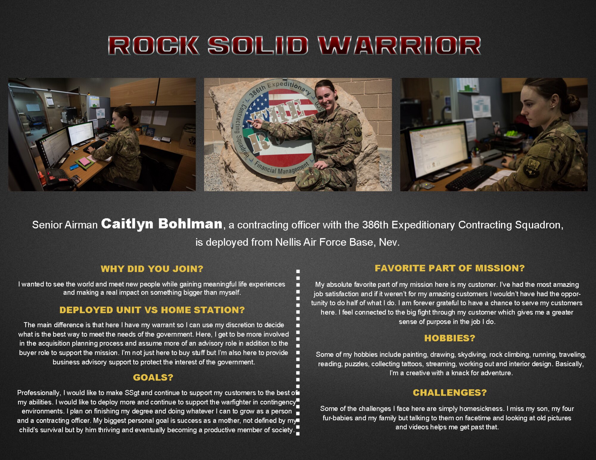 This week's Rock Solid Warrior is Senior Airman Caitlyn Bohlman, a 386th Expeditionary Contracting Squadron contracting officer, deployed from Nellis Air Force Base, Nev. The Rock Solid Warrior program is a way to recognize and spotlight the Airmen of the 386th Air Expeditionary Wing for their positive impact and commitment to the mission. (U.S. Air Force graphic/ Tech. Sgt. Jonathan Hehnly)