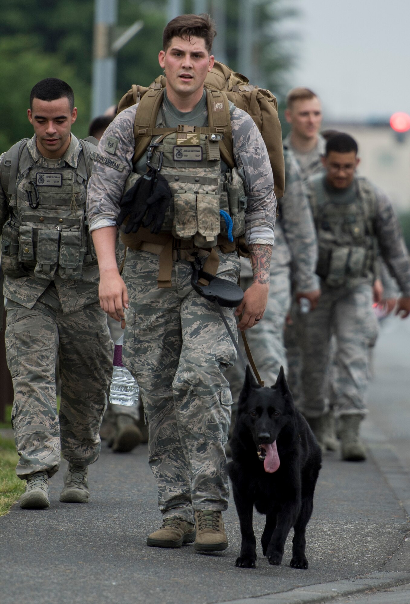 A 374th Security Forces Squadron K-9 unit and handler participate in the Memorial 5K Ruck March, May 15, 2017, at Yokota Air Base, Japan. Participants in the Memorial 5K Ruck March included five 374 SFS K-9 units. (U.S. Air Force photo by Airman 1st Class Donald Hudson)