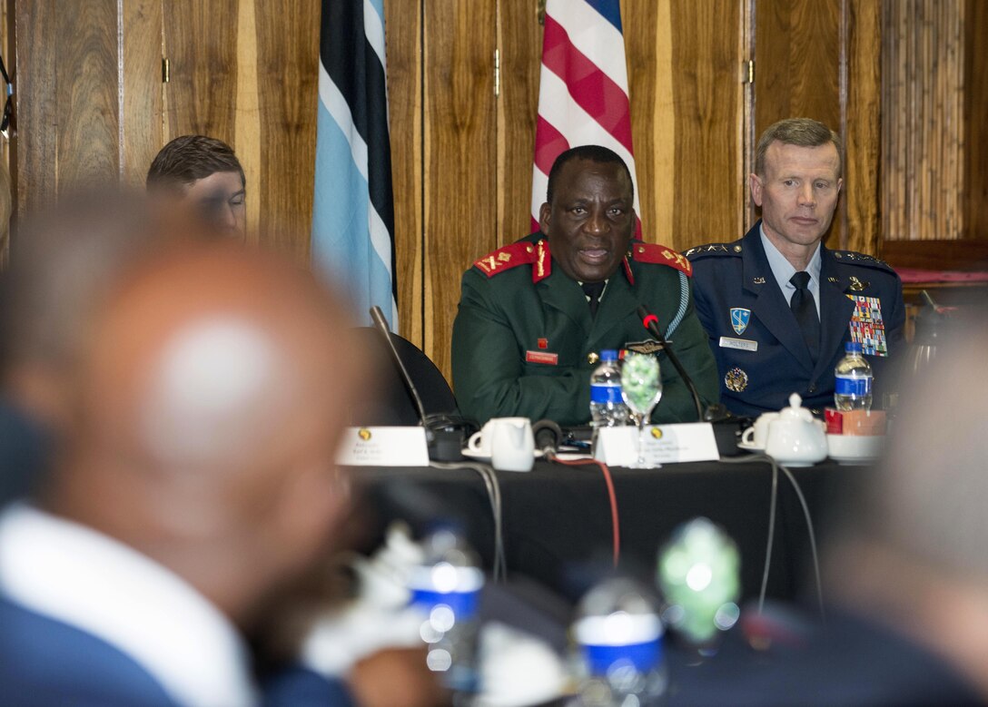 Maj. Gen. Innocent S. Phatshwana, Botswana Defence Force Air Arm commander, speaks during the opening ceremony of the 2017 African Air Chiefs Symposium in Kasane, Botswana May 16, 2017. This year's conference is co-hosted by the United States and Botswana and will focus on the training aspect of force development. (U.S. Air Force photo by Staff Sgt. Krystal Ardrey)