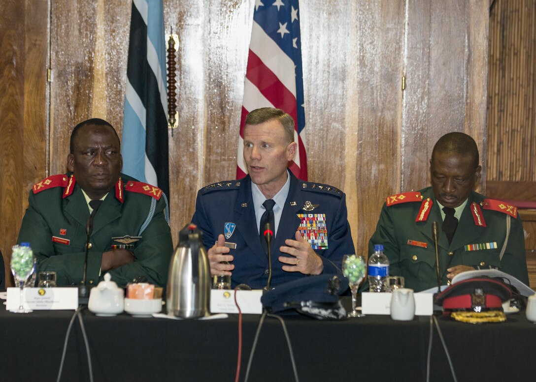 Gen. Tod D. Wolters, U.S. Air Forces in Europe and Air Forces Africa commander, speaks during the opening ceremony of the 2017 African Air Chiefs Symposium in Kasane, Botswana on May 16, 2017. The purpose of the symposium is to create a forum for air chiefs from across the African continent to come together to address regional and continental issues, enhance relationships and increase cooperation. This year's conference will focus on the training aspect of force development. (U.S. Air Force photo by Staff Sgt. Krystal Ardrey)