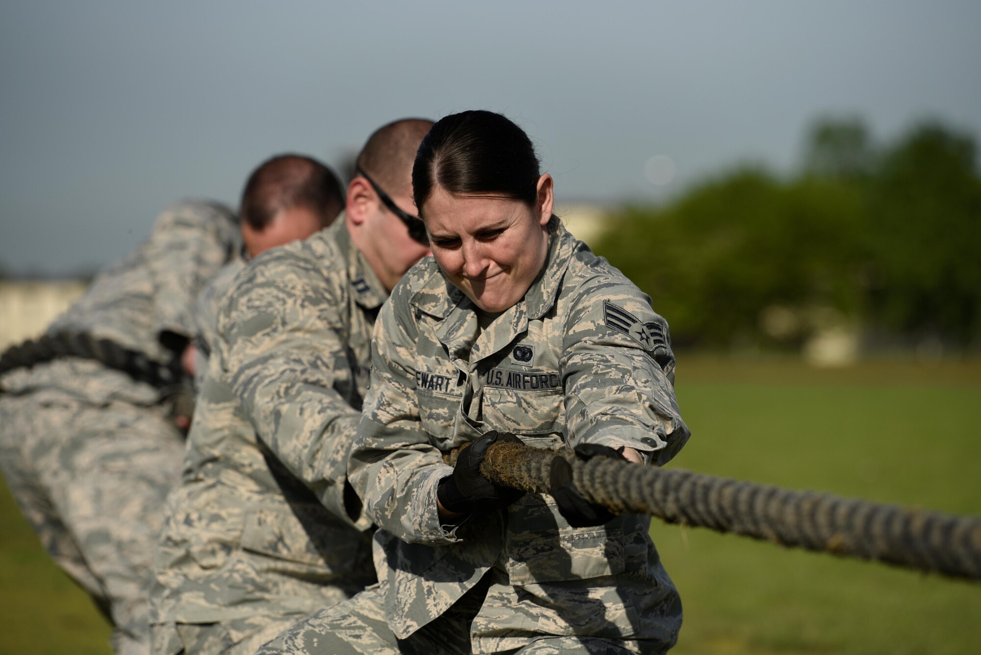 Senior Airmen Stephanie Stewart, 52nd Security Forces Squadron patrolman, competes in tug-of-war event during the Battle of the Badges at Spangdahlem Air Base, Germany, May 15, 2017. The event was part of National Police Week to recognize the service and sacrifice of law enforcement officers. . (U.S. Air Force photo by Staff Sgt. Jonathan Snyder)