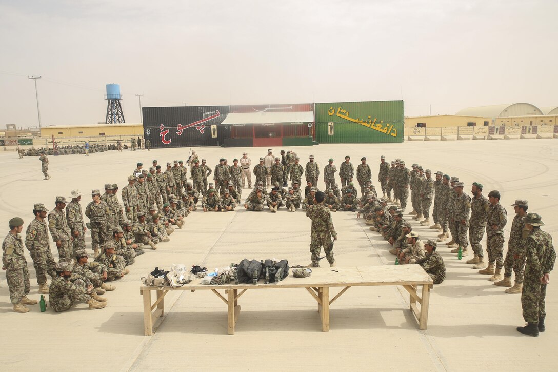 Afghan National Army soldiers with the 2nd Kandak, 4th Brigade, 215th Corps receive instruction on combat casualty care at Camp Shorabak, Afghanistan, May 14, 2017. Trainers assigned to the Helmand Regional Military Training Center and Marines with Task Force Southwest are preparing for an operational readiness cycle, which is scheduled to begin May 20. The ORC is designed to enhance the warfighting capabilities of more than 600 soldiers with the 2nd Kandak, 4th Brigade to build security and stability throughout Helmand Province. (U.S. Marine Corps photo by Sgt. Lucas Hopkins)