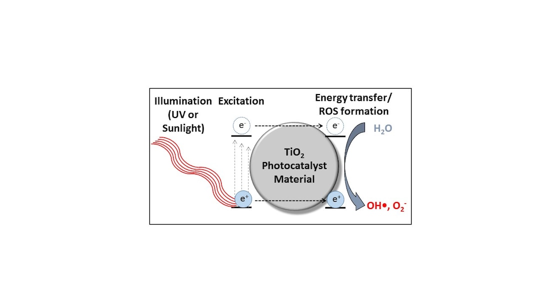 Illustration of photocatalytic production of reactive oxygen species. A photon excites the photocatalyst TiO2, which creates electron (e-)-hole (e+) pairs; these, in turn, generate reactive oxygen species, including hydroxyl radicals (OH•). The hydroxyl radicals then react with and destroy the contaminants in the water.