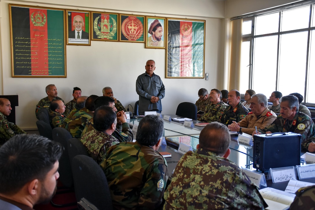 KABUL, Afghanistan (May 16, 2017) — Maj. Gen. Abdul Razaq Siawash, Afghan National Army medical commander, listens to medical directors from throughout Afghanistan during a meeting at the Kabul National Military Hospital. During the meeting, Siawash announced that the hospital was fully functioning and restoration was 95 percent completed, following an attack on the hospital in March. (Photo by Resolute Support Public Affairs)
