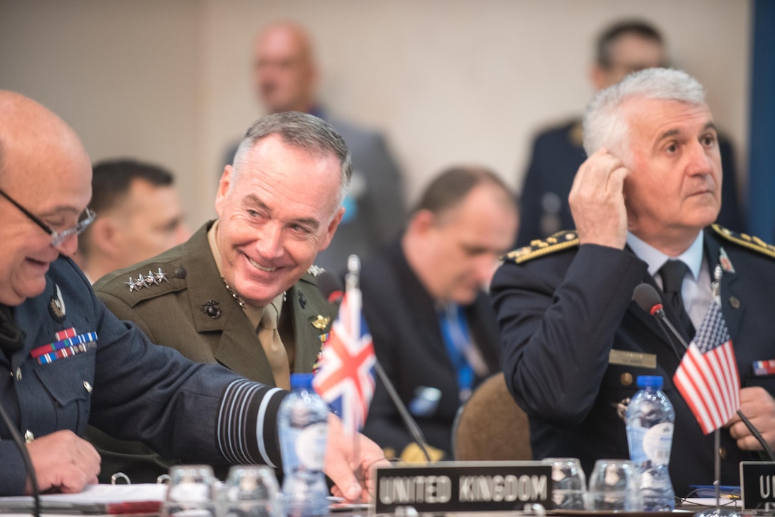 Marine Corps Gen. Joe Dunford, chairman of the Joint Chiefs of Staff, meets with his counterparts during a NATO Military Committee Meeting in Brussels, May 17, 2017. The chiefs of defense met to discuss Afghanistan, countering terrorism and other NATO operations and missions to provide the North Atlantic Council with consensus-based military advice on how to best meet global security challenges. DoD photo by Army Sgt. James K. McCann