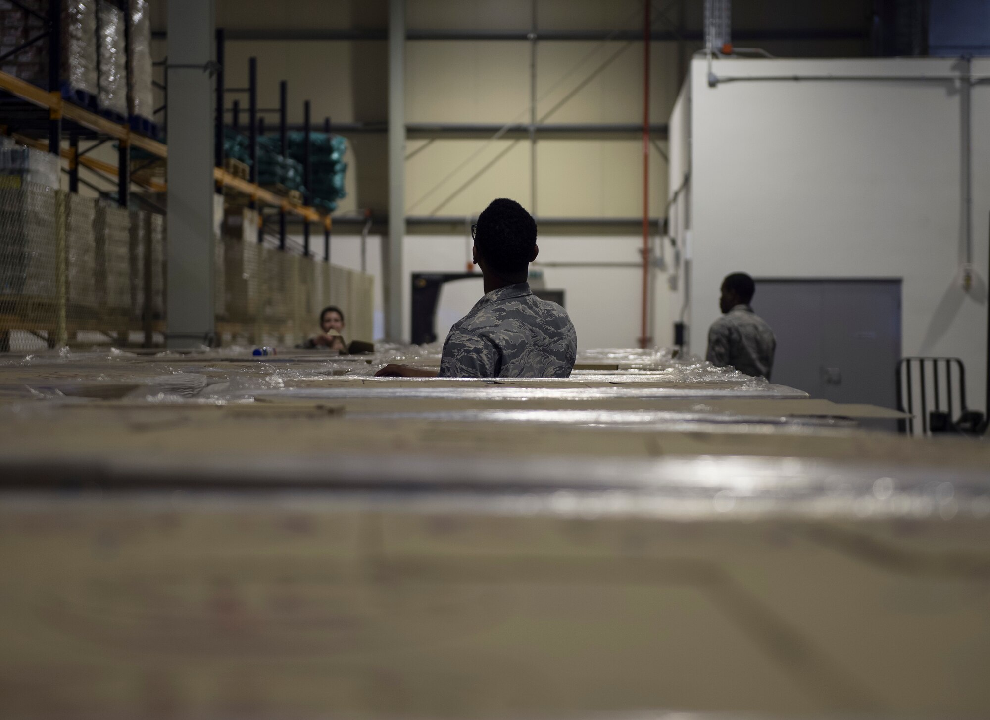 U.S. Air Force Airmen with the 379th Expeditionary Force Support Squadron check the water pallet shipping numbers to ensure the water is safe to drink at Al Udeid Air Base, Qatar, May 10, 2017.  Each week, a small team of Airmen work together to review shipments of produce, making sure the numbers matches the quantity received and that the quality of the produce meets standards. (U.S. Air Force photo by Tech. Sgt. Amy M. Lovgren)