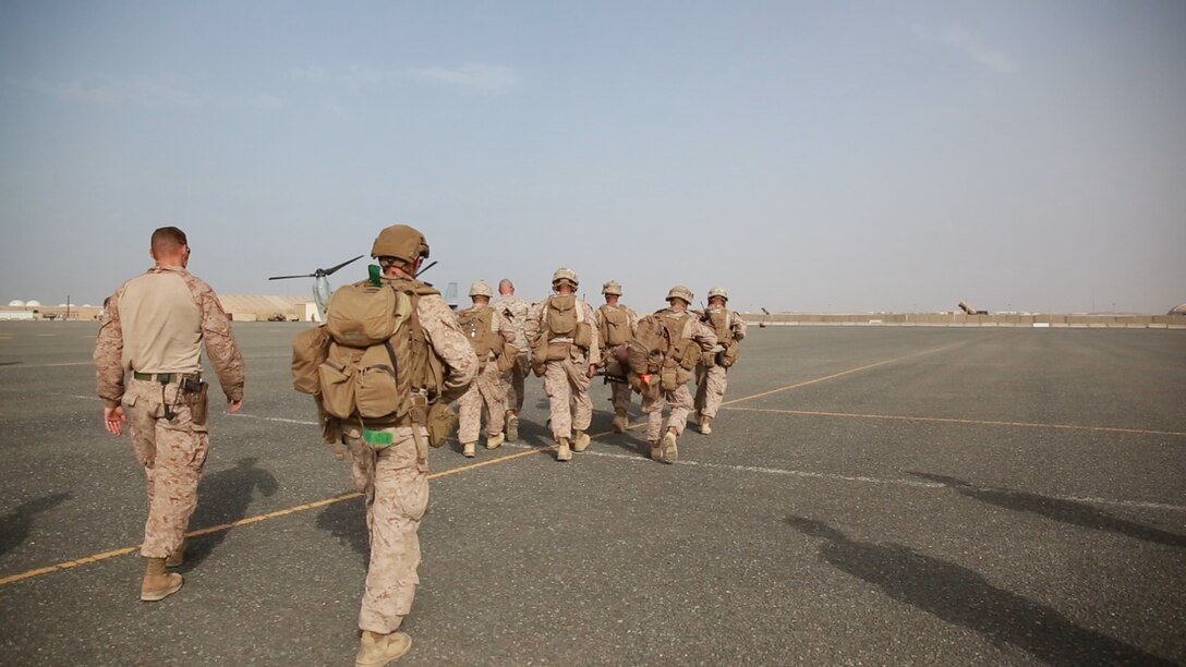 U.S. Marines with 1st Battalion, 7th Marine Regiment, Special Purpose Marine Air-Ground Task Force-Crisis Response-Central Command, offload two simulated downed pilots from an MV-22 Osprey tiltrotor aircraft assigned to Marine Medium Tiltrotor Squadron 364 to a nearby medical facility during a tactical recovery of aircraft and personnel exercise in Jordan, May 8, 2017. This event supported Eager Lion 2017, a recurring multinational exercise designed to strengthen military-to-military relationships, increase interoperability between partner nations, and enhance regional security and stability. These Marines are part of the dedicated TRAP force of 1/7, the ground combat element for the Special Purpose MAGTF. SPMAGTF-CR-CC is currently forward deployed to several nations in CENTCOM with the ability to respond to a variety of contingencies rapidly and effectively. (U.S. Marine Corps photo by Cpl. Christopher Thompson)