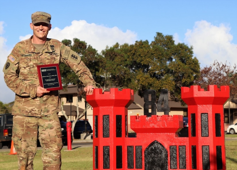Army Maj. Andrew “Drew” Johannes, from Stillwater, Okla., is a 2017 recipient of the Federal Engineer of the Year Award, an annual award honoring the top engineers employed by federal agencies across the country. He currently serves as the battalion executive officer of the 84th Engineer Battalion, 130th Engineer Brigade, 8th Theater Sustainment Command at Schofield Barracks, Hawaii. He’s pictured displaying his award in Hawaii, Feb. 17, 2017. Courtesy photo