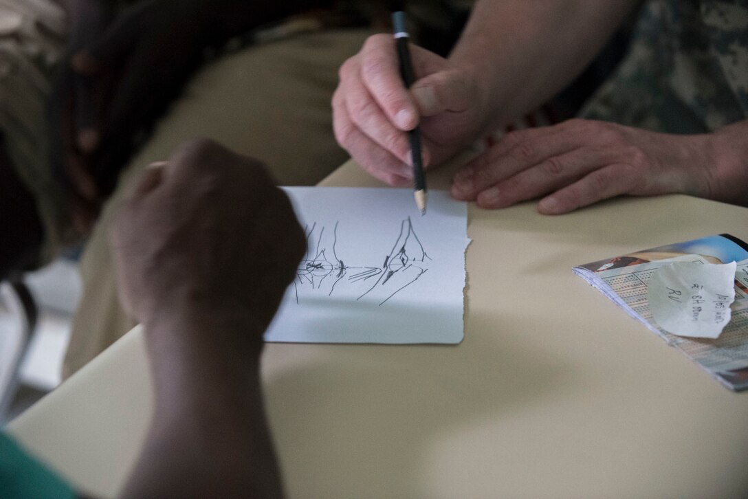 U.S. Army Reserve Col. Peter Ray, pediatric plastics and reconstructive surgeon, assigned to 3rd Medical Command Deployment Support in Forest Park, Ga., explains the construction of a knee using a sketch during Medical Readiness Training Exercise 17-3 at the Military Teaching Hospital in N'Djamena, Chad, May 10. The mutually beneficial exercise offers opportunities for the partnered militaries to share best practices and improve medical treatment processes. (U.S. Army Africa photo by Staff Sgt. Shejal Pulivarti)