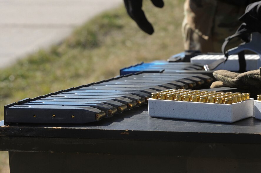 Ammunition sits on a table at Camp Grafton South, Devil’s Lake, N.D., May 4, 2017. The 91st Security Forces Group Global Strike Challenge team trained in preparation for the upcoming competition, which challenges security forces tactics, job knowledge and weapons firing. (U.S. Air Force photo/Airman 1st Class Jessica Weissman)