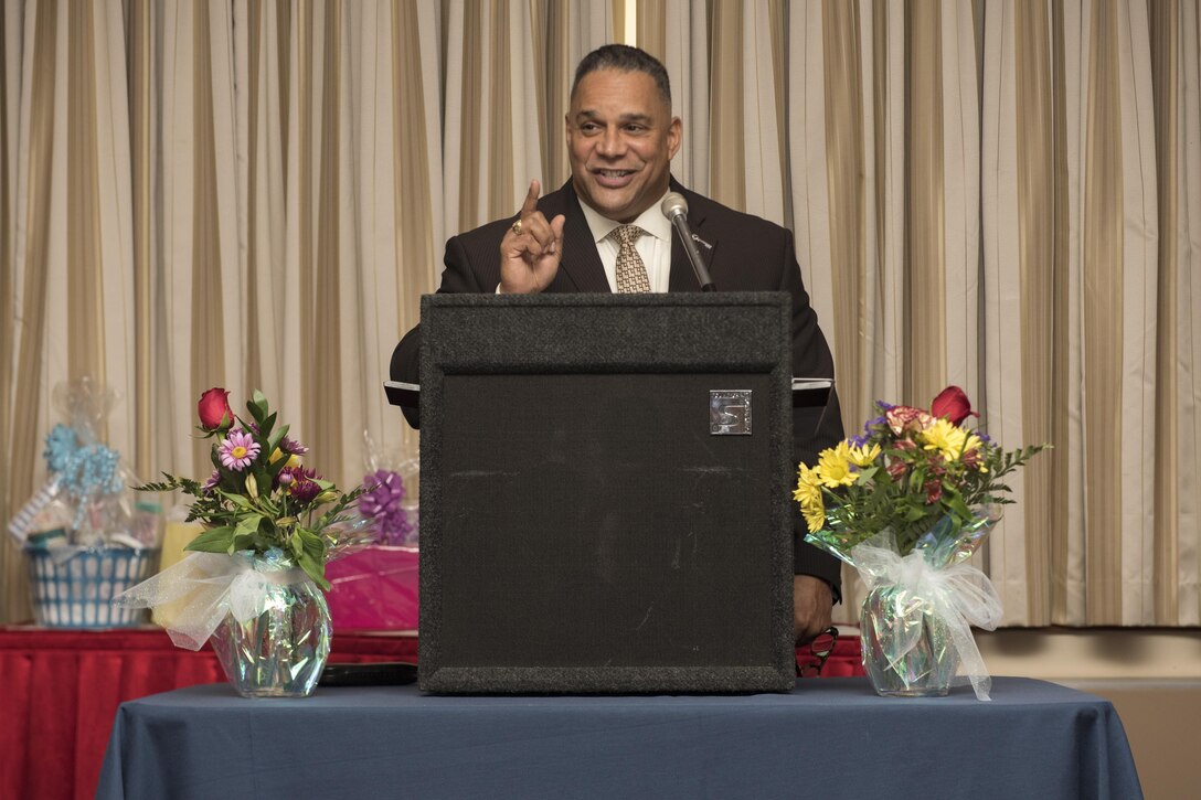 John Duarte, military spouse and guest speaker, speaks about the importance of recognizing the sacrifices of military spouses during the Military Spouse Appreciation Luncheon inside The Club at Joint Base Andrews, Md., May 12, 2017. Duarte, a prior Navy and a military spouse, was invited to speak during the luncheon to celebrate the 33rd year of the Military Spouse Appreciation. (U.S. Air Force photo by Senior Airman Philip Bryant) 