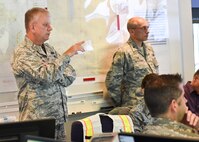 Col. Donald Wren, 910th Mission Support Group commander, checks in with personnel at the Emergency Operations Center (EOC) during a Major Accident Response Exercise (MARE), May 16, 2017. The EOC, which is often established during emergencies involving the installation, is designed to centralize response coordinators. The purpose of the exercise, conducted by the Wing Inspection Team and Emergency Management office, was to document response capabilities of installation personnel while honing joint response practices with local agencies including local law enforcement and the American Red Cross. (U.S. Air Force photo/Eric White)